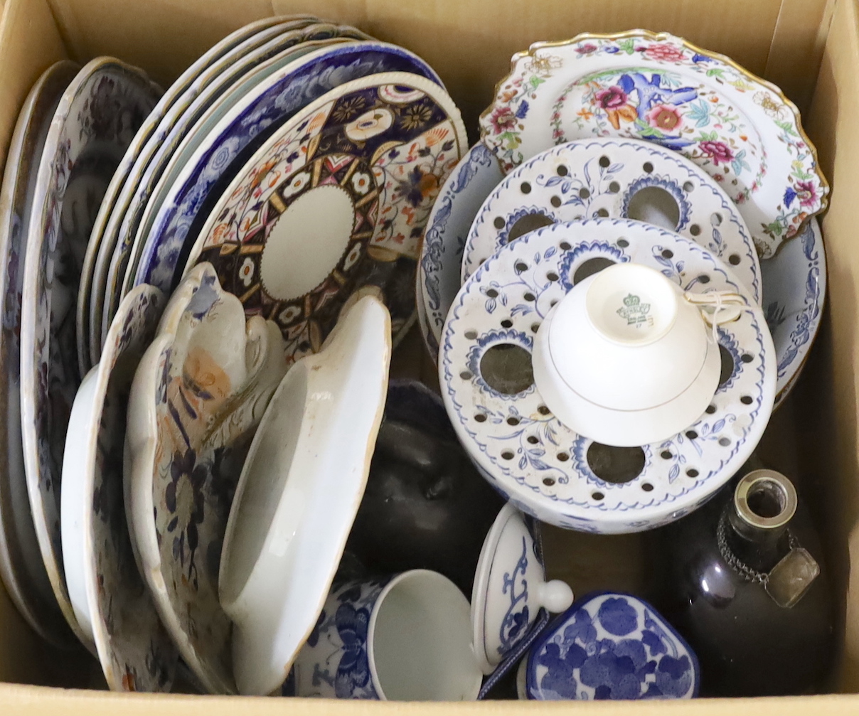 A collection of mixed ceramics including ironstone and Rörstrand Ostindia together with two decanters with plated mounts and labels, some museum reproductions